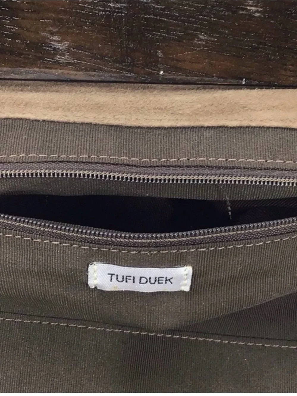 Tufi Duek Taupe Suede Clutch with Dark Brown Trim